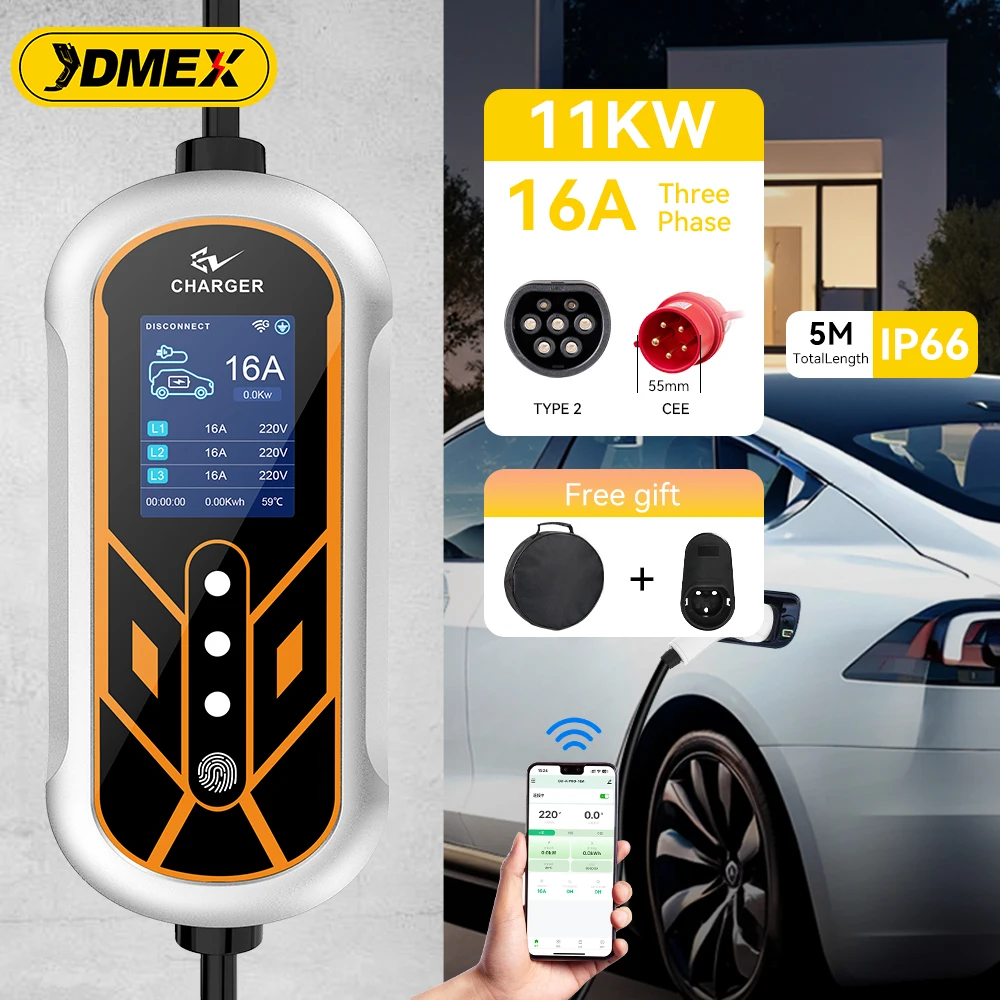 JDMEX 16A 11 kW EV-Ladegerät, tragbar, Typ 2, EVSE-Ladeset, Lade-/Verzögerungszeit, IEC62169, Ladegerät für Elektrofahrzeuge, APP-Steuerung Image