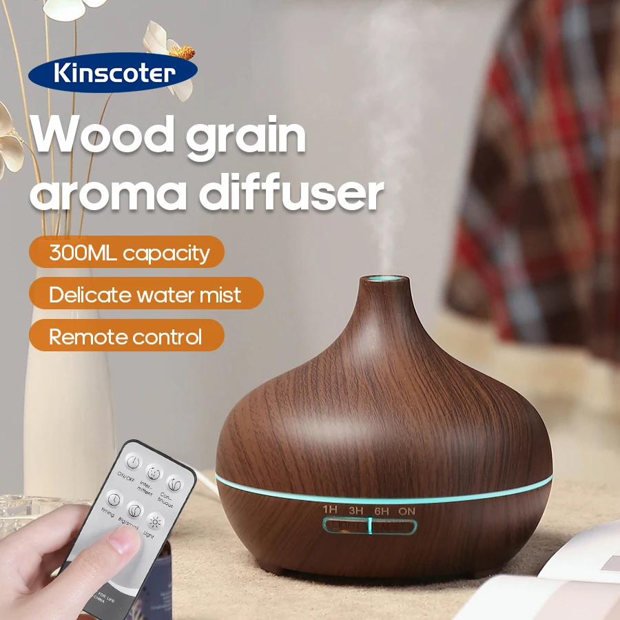 KINSCOTER Aromatherapie-Diffusor mit Holzmaserung, 300 ml, ätherische Aromaöle, Ultraschall-Luftbefeuchter, 3 Timer, USB-Farblicht Image