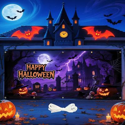 Halloween Garage Door Cover Dark Haunted House Pumpkin Skull Tombstone Scene Spooky Outdoor Decoration Creepy Horror Haunted Yard Decor Scary Halloween Party Supplies for Outdoor Decor