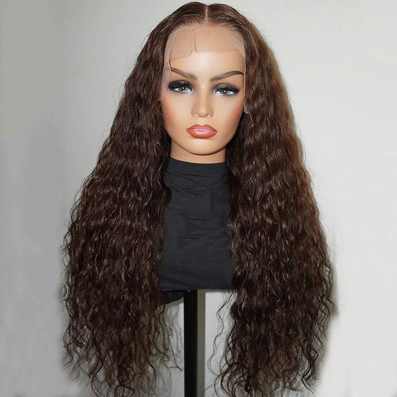 Brazilian 100% Virgin Hair 5x5 Lace Closure Wigs Curly Water Wave 13x4 Lace Front Human Hair Wig Brown Auburn Colored Wig with Baby Hair Natural Hairline Glueless Pre-Plucked For Women
