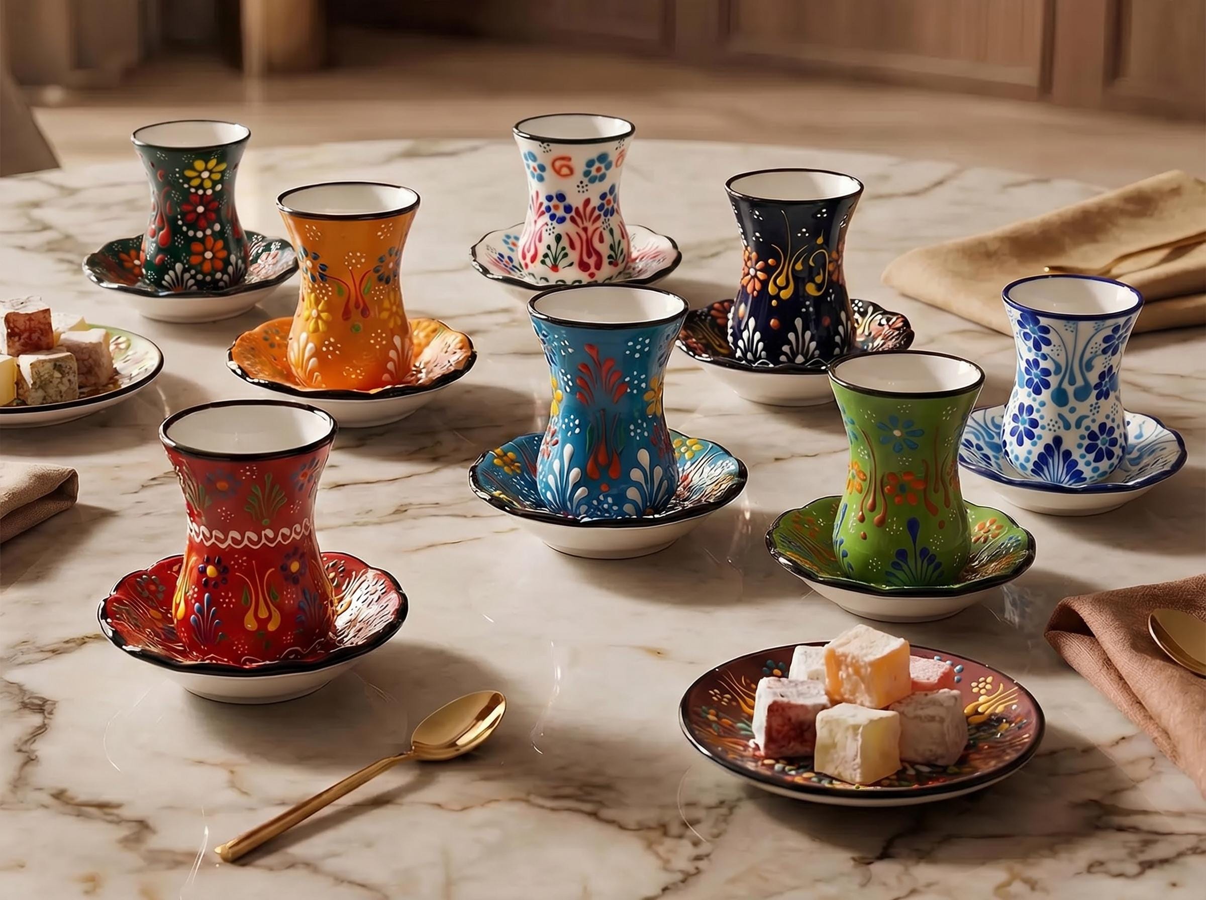 Tazze da tè turche, servizi da tè turchi in ceramica, tazze da tè con piattini, tazze da tè in ceramica fatte a mano, servizi da tè vintage, regalo pe