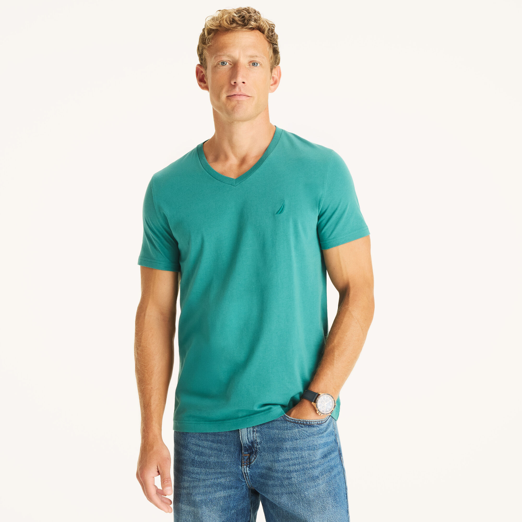 Nautica Men's V-Neck Deck T-Shirt 370 (Big Sur Green), M