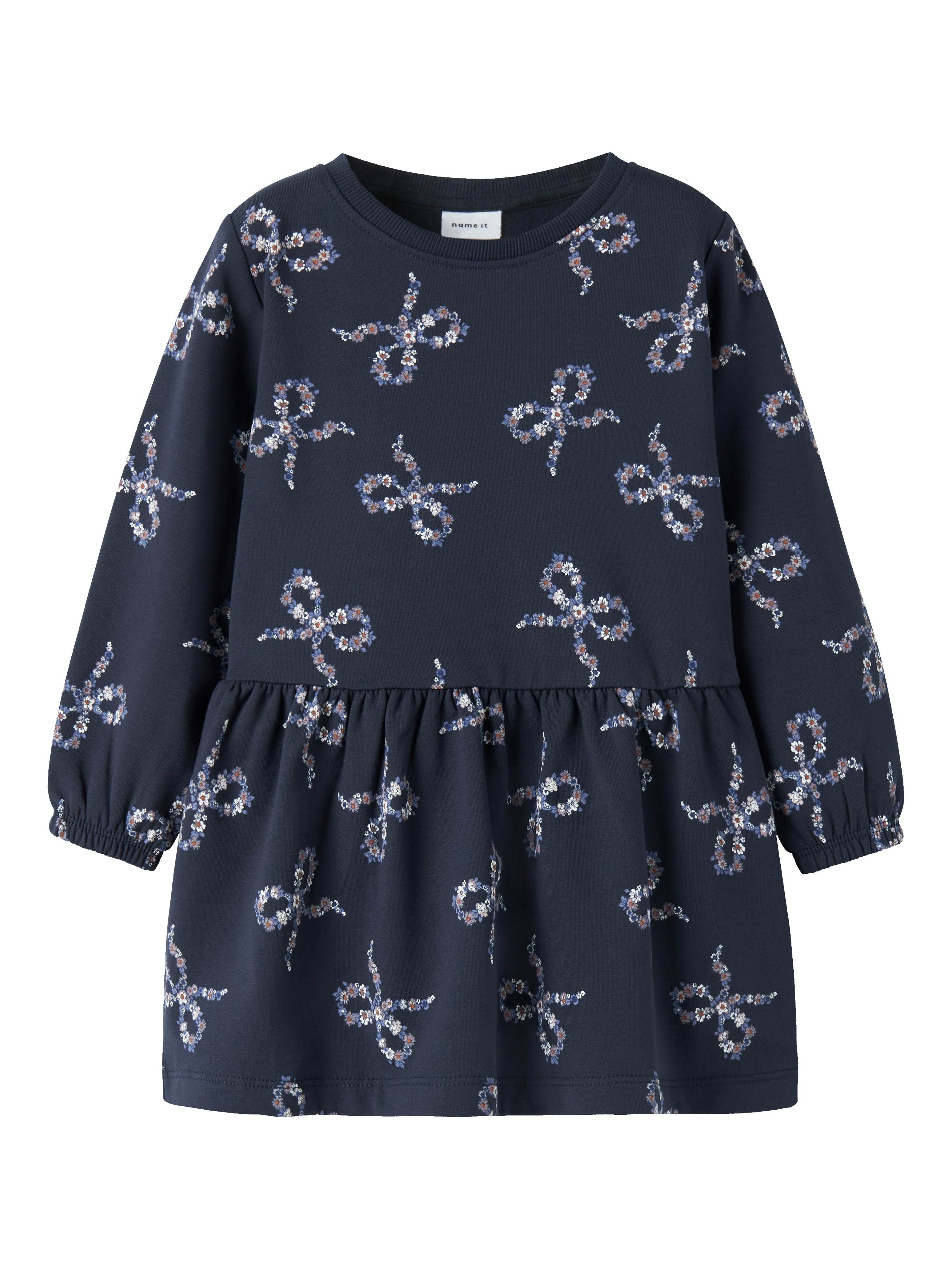 Minikleid NAME IT "NMFOLUKRIA LS SWEAT DRESS BRU", Mädchen, Gr. 104, N-Gr, blau (navy blazer), Obermaterial: 95% Baumwolle, 5% Elasthan, bedruckt, regular fit, Rundhals, Kleider Image