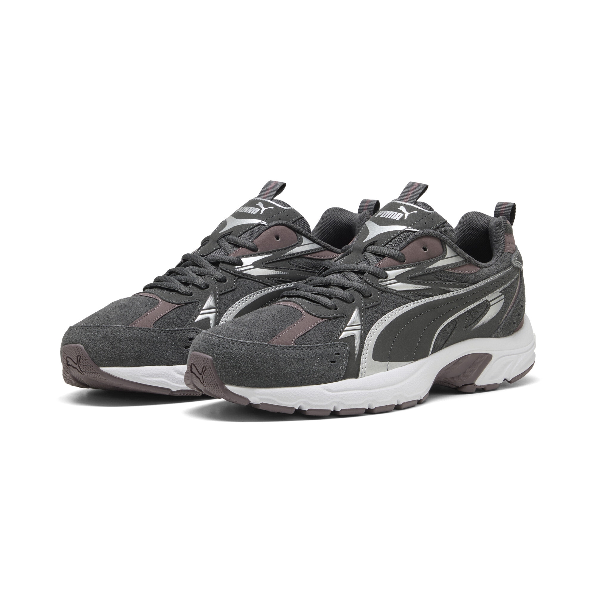 Sneaker PUMA "Milenio Tech Sneakers Erwachsene", Damen, Gr. 47, silber (dusky gray silber raisin metallic lila), Obermaterial: Textil, Kuhleder, Synthetik; Futter: Textil; Innensohle: Textil; Laufsohle: Gummi, Schuhe Sneaker