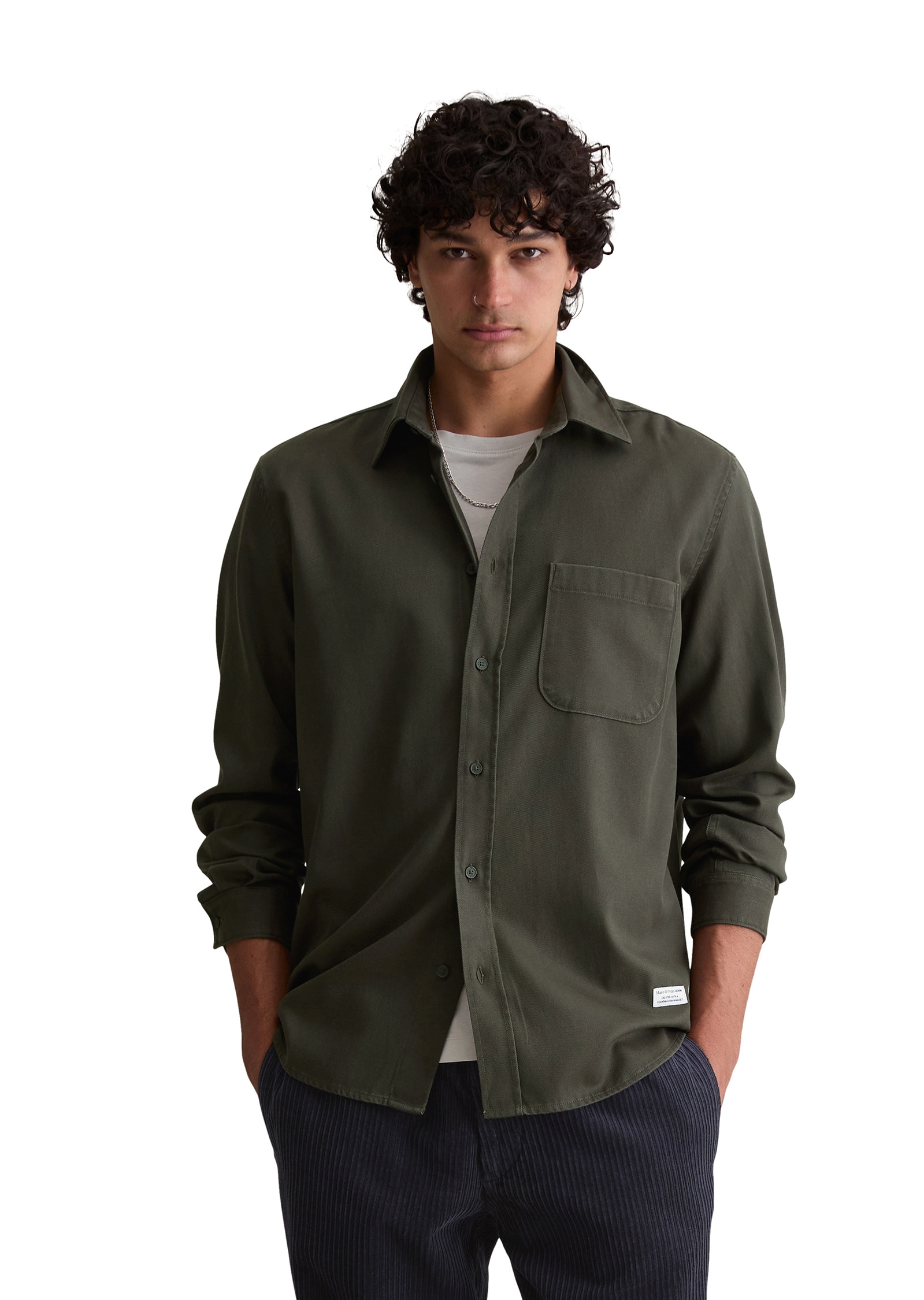 Langarmhemd MARC O'POLO DENIM "aus Lyocell-Baumwoll-Twill", Herren, Gr. XL, Normalgrößen, pineneedle, Obermaterial: 51% Lyocell, 49% Baumwolle, unifarben, regular fit normal, Manschette, Hemden Image