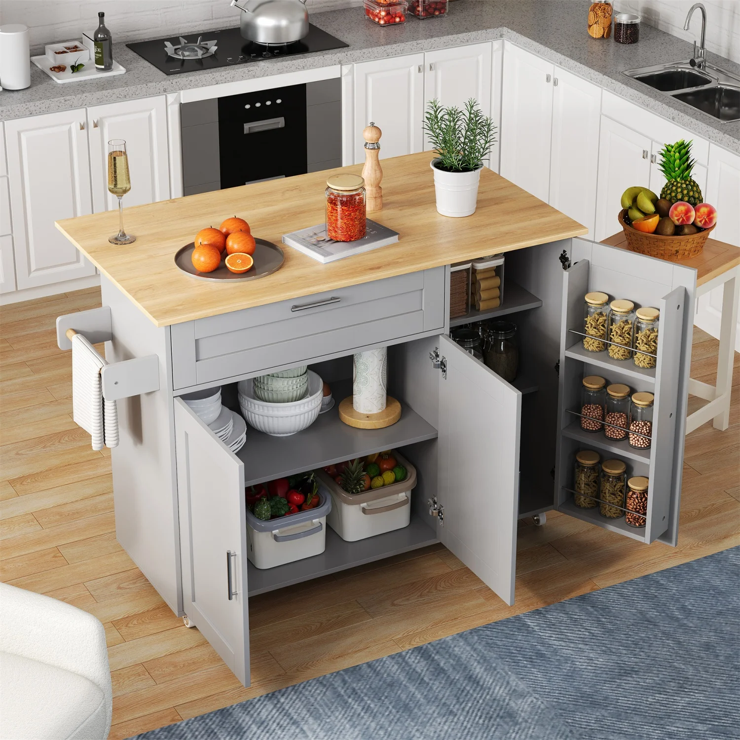 Îlot de cuisine moderne L132.5 * W70 * H90cm, armoires de cuisine, Buffet amovible, chariot à manger avec clôture en bois, Table polyvalente