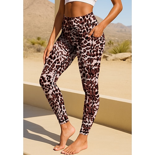 Damen Pilates-Leggings Fitnesshose Trainingsleggings Taschen Stempelsteuer Seitentaschen Pilates Fitnessstudio Fitnesstraining Hosen Strumpfhosen Leggings Grafik Leopard-Druck Dunkelrot Blau Purpur Image
