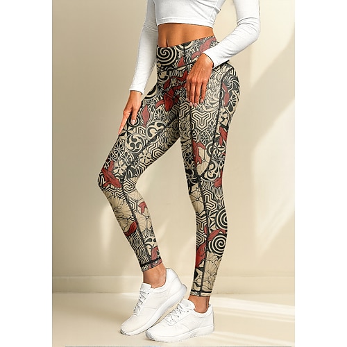Damen Pilates-Leggings Fitnesshose Trainingsleggings Taschen Stempelsteuer Seitentaschen Pilates Fitnessstudio Fitnesstraining Hosen Strumpfhosen Leggings Mit Tiermuster Boho Rot Sport Sportkleidung Image