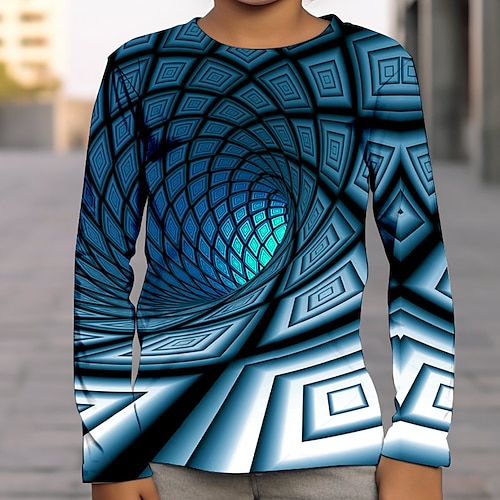 Jungen T-Shirt mit 3D-Grafik und optischer Täuschung, langärmlig, 3D-Druck, Sommer, Frühling, Herbst, Sport, Mode, Streetwear, Polyester, Kinder, 4–12 Jahre, Outdoor, lässig, täglich, normale Passform