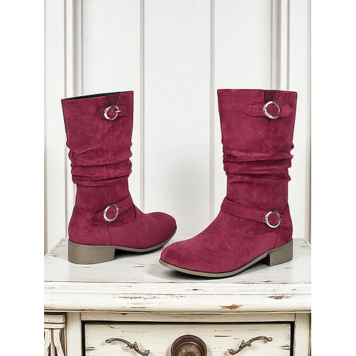 Damen-Slouchy-Stiefel mit Schnallenriemen und halbhoher Wadenhöhe – Winterstiefel im Vintage-Wildleder-Stil für lässige Outfits und Herbstmode Image