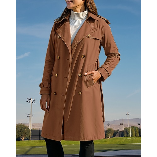 Damen Mantel mit Gürtel Zweireihiger langer Trenchcoat Klassisch Langarm Oberteil Athleisure Herbst Einfarbig Baumwolle Winddicht Outdoor Reise Urlaub Sportbekleidung Sportkleidung Schwarz Khaki