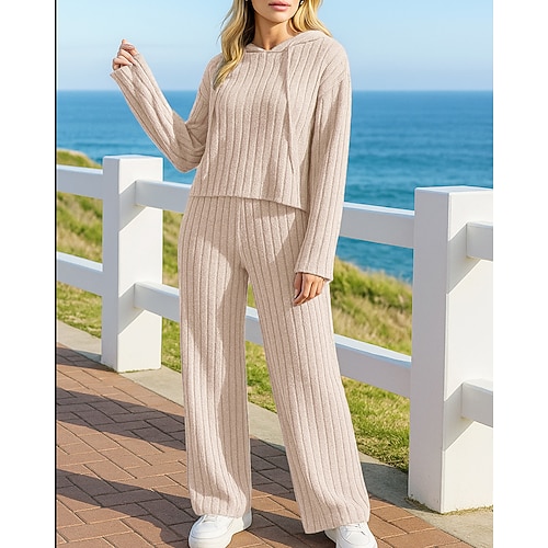 Damen Gestrickte Trainingsanzüge Kapuzenpullover Lounge-Anzüge Kordelzug Einfarbig Kombination Herbst Schwarz Purpur Berufung Outdoor Reise Leicht Mode Langarm Sport Sportkleidung Mikroelastisch Image