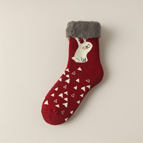 dicke, flauschige Weihnachtssocken für Damen, plüschige, warme Wintersocken bis zur Wadenmitte mit extra weichem Futter, süße rote Socken mit Rentier-Design, kuschelige Thermo-Schlafsocken für die Image