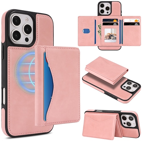 Handy Hülle Handyhüllen Für iPhone 17 16 15 14 Pro Max Plus 16e 13 Pro Max Rückseite Magnetisch Ständer Kartenfach Retro TPU PU-Leder Image