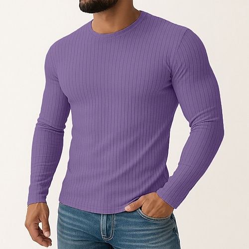 Herren T Shirt Geripptes Strick-T-Shirt T-Shirt Langarmshirt Langarm Rundhalsausschnitt Frühling Herbst Ganzjahres Einfach Texture Grubenstreifen Mode Designer Basic Stricken Urlaub Straße Lässig Image