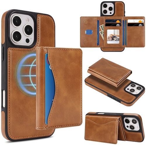 Handy Hülle Handyhüllen Für iPhone 17 16 15 14 Pro Max Plus 16e 13 Pro Max Rückseite Magnetisch Ständer Kartenfach Retro TPU PU-Leder Image