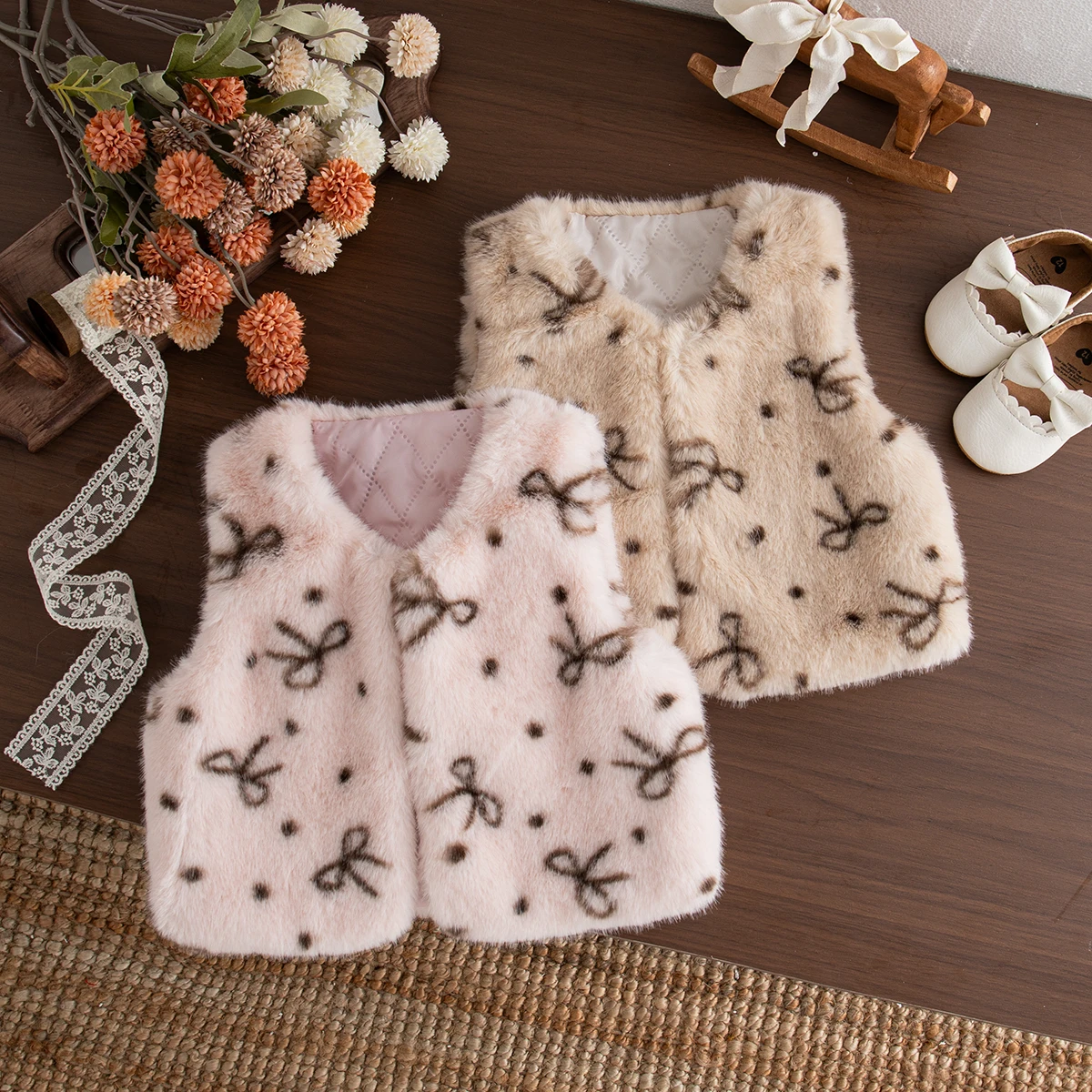 Koreanischen Stil Baby Mädchen Rosa Weste Bogen Polka Dot Print Ärmellose Plüsch Weste Mädchen Herbst Winter Süße Warme Kleidung Image