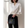Tcyeek Donna 93% Seta di gelso 7% Spandex 20 momme Seta pesante Colore bianco manica lunga Camicia con scollo a V Top Camicetta ufficio T36965QM