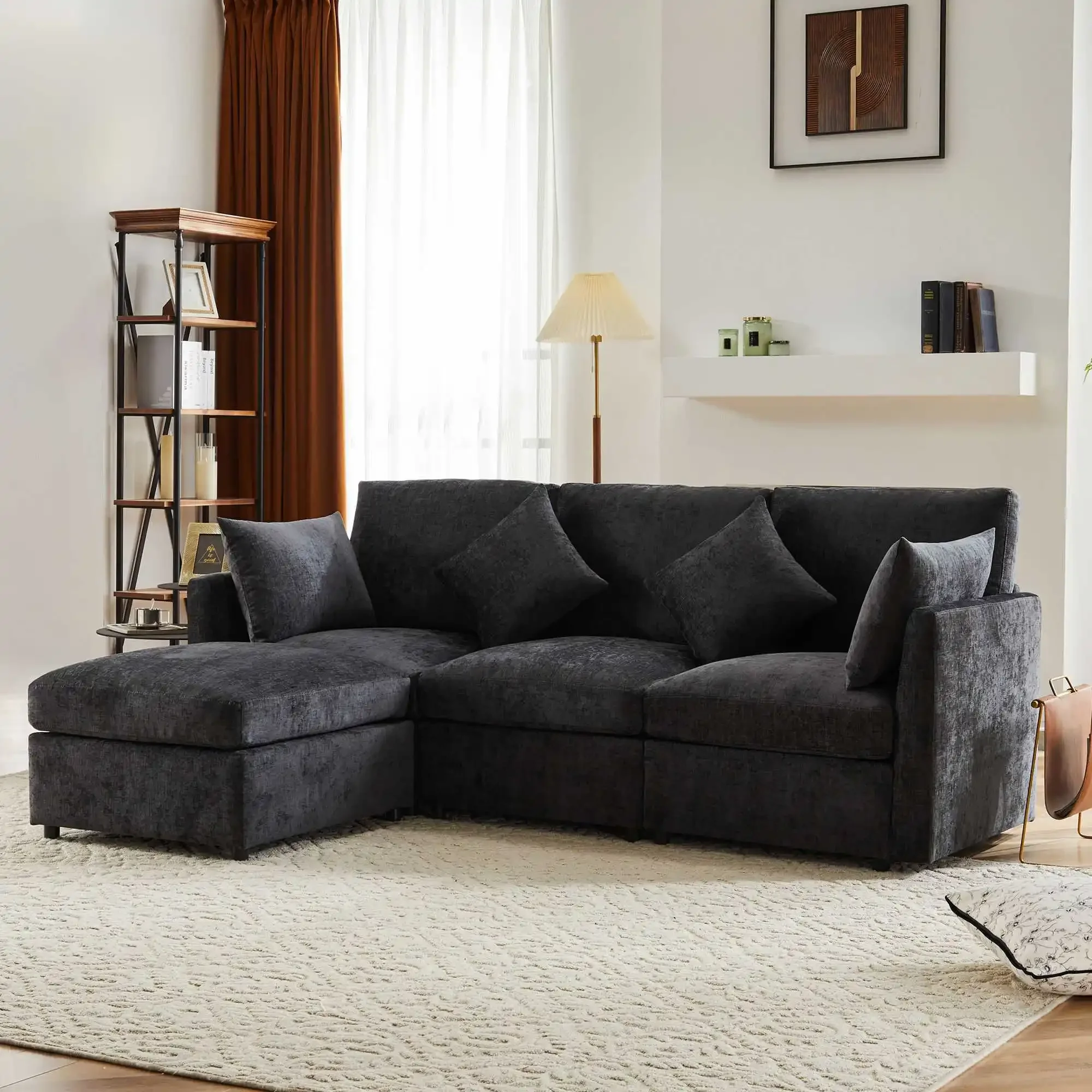 Design moderno, divano in tessuto ciniglia, divano a tre posti, divano a quattro posti, divano angolare a L, adatto per appartamento