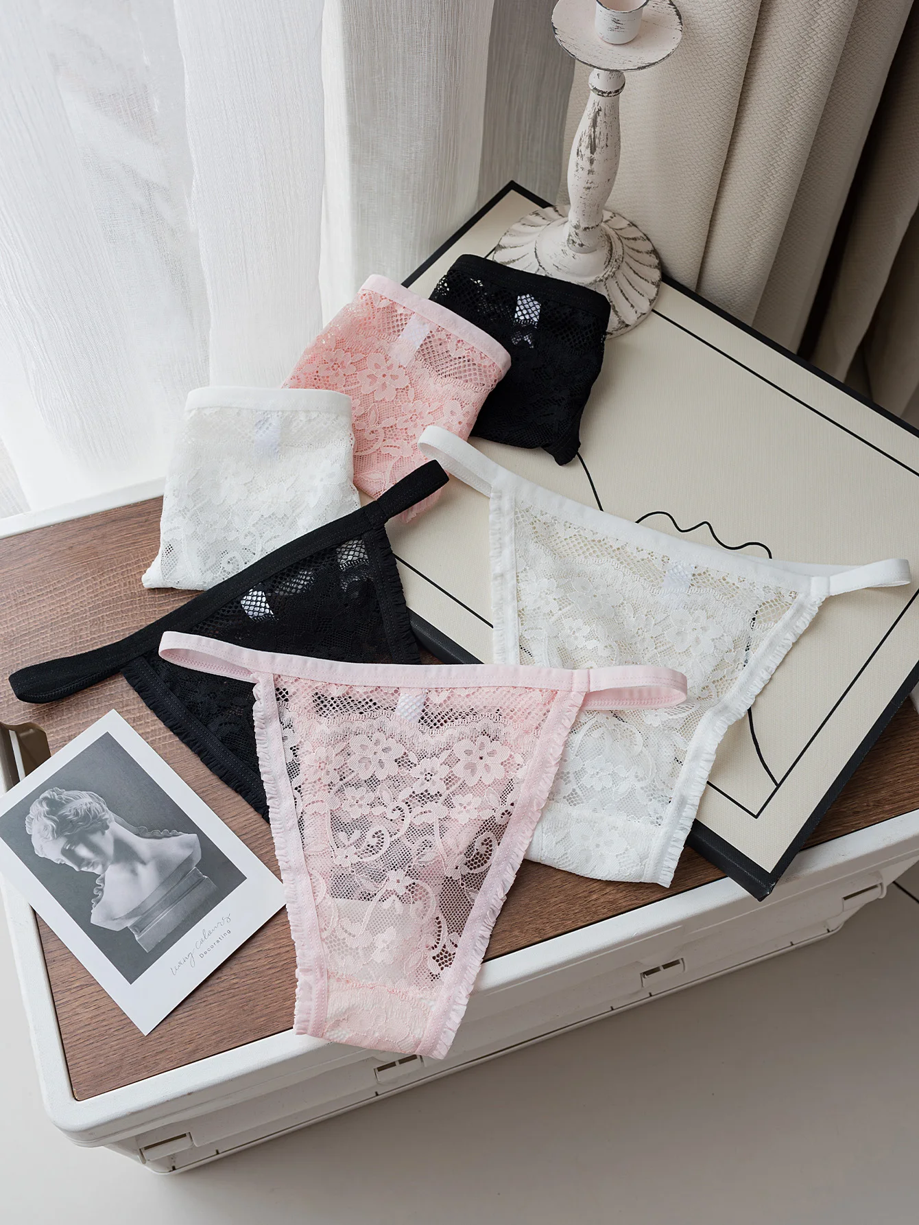 6-teilige Vollspitzen-Jacquard-Damenunterwäsche mit dünnen Trägern, sexy und bequeme Dreiecksunterwäsche, Damen-Bikini-Tanga Image