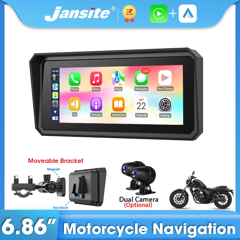Jansite 6,86-Zoll-Motorrad-DVR oder Player mit beweglicher Halterung, kabelloses Carplay, Android, Auto, GPS-Navigation, Parküberwachung Image