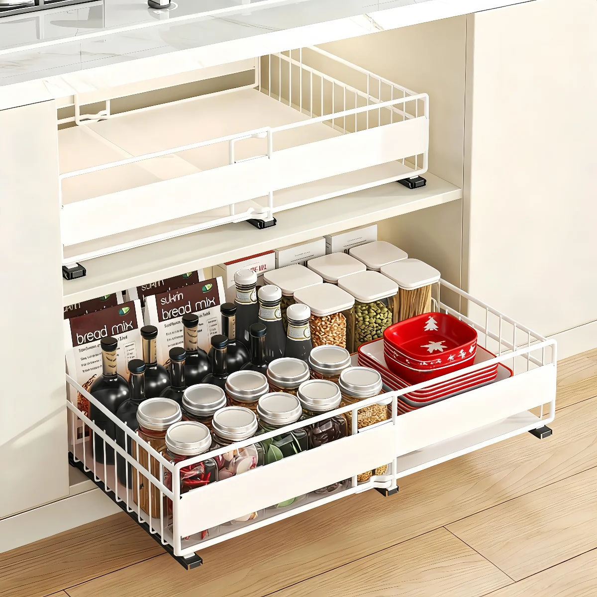 2er-Pack ausziehbarer Schrank-Organizer, erweiterbare (12"-20") ausziehbare Schubladen, 3 Gleitschienen zur Befestigung mit Kleber oder Schraube, ausziehbar
