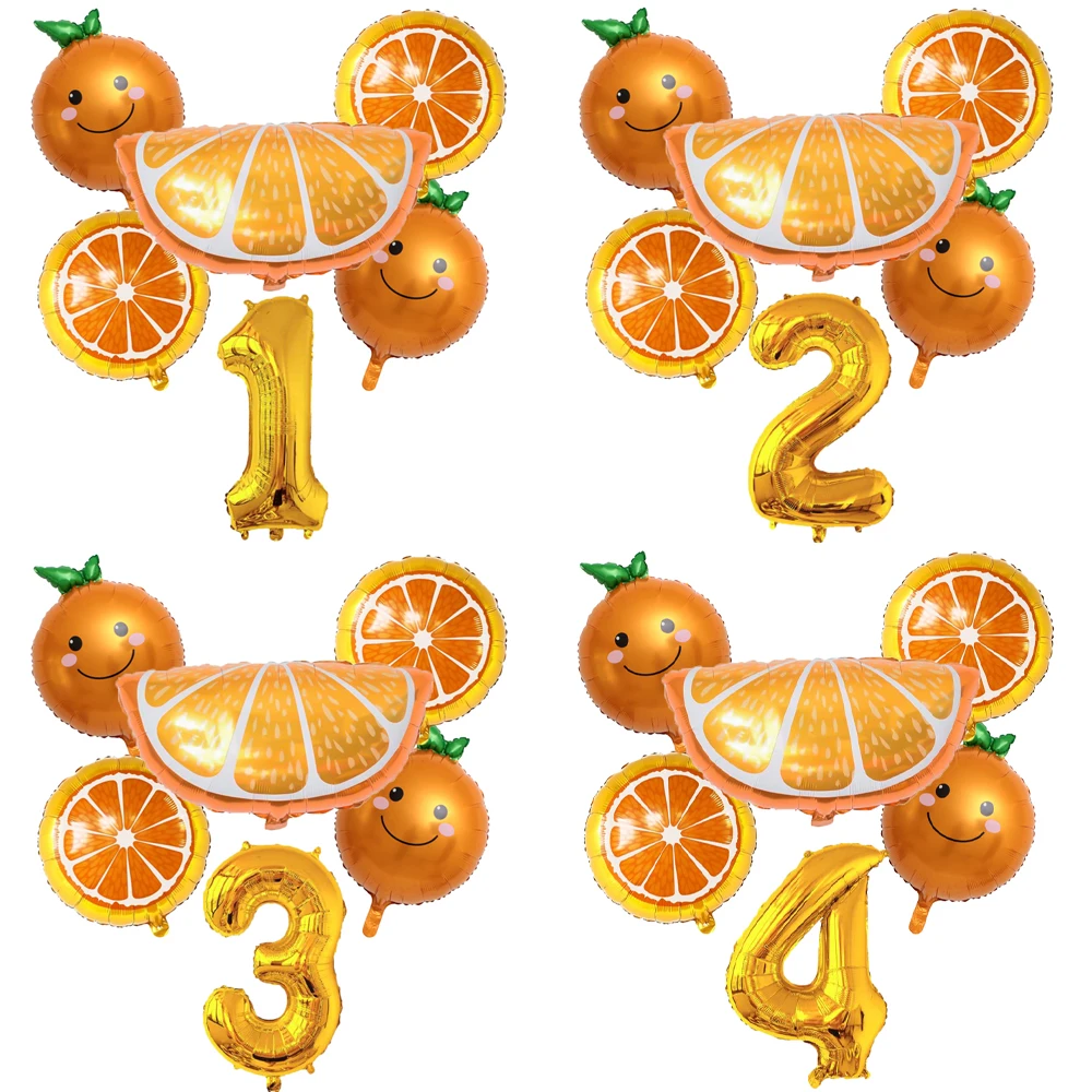 6 Stück orangefarbene Folienballons mit 32-Zoll-Zahlenballons, Obstglobals mit Sommermotiv, Babyparty, Geburtstag, Erntedankfest, Party-Dekoration Image