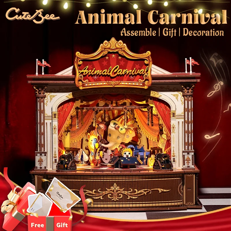 CUTEBEE Kit per casa delle bambole con angolo di libro in legno Kit per casa delle bambole in miniatura Carillon con luce a LED per carnevale di animali