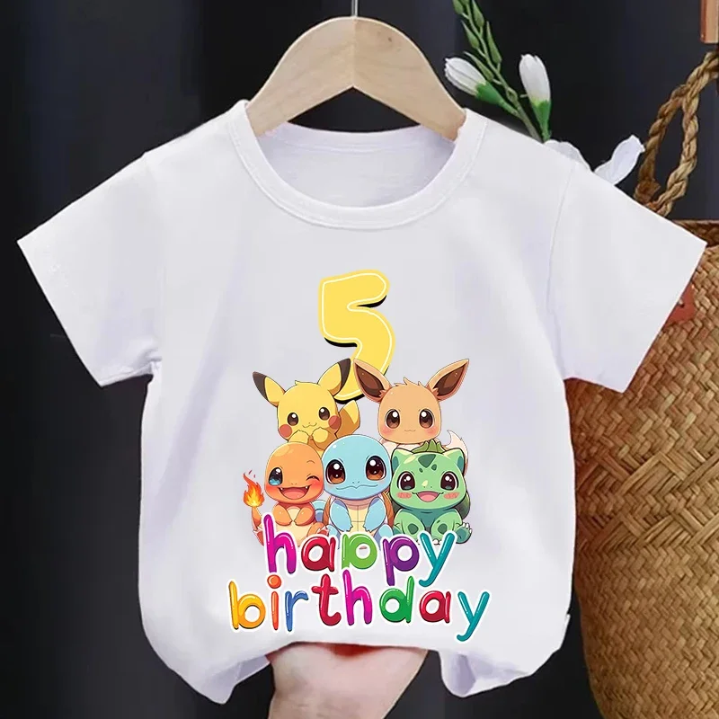 Cute Anime Pokemon T-shirt Kids Number 1-9 T-shirts Base Tee Birthday Party White Summer Soft Short-Sleeve Clothes Birthday Gift