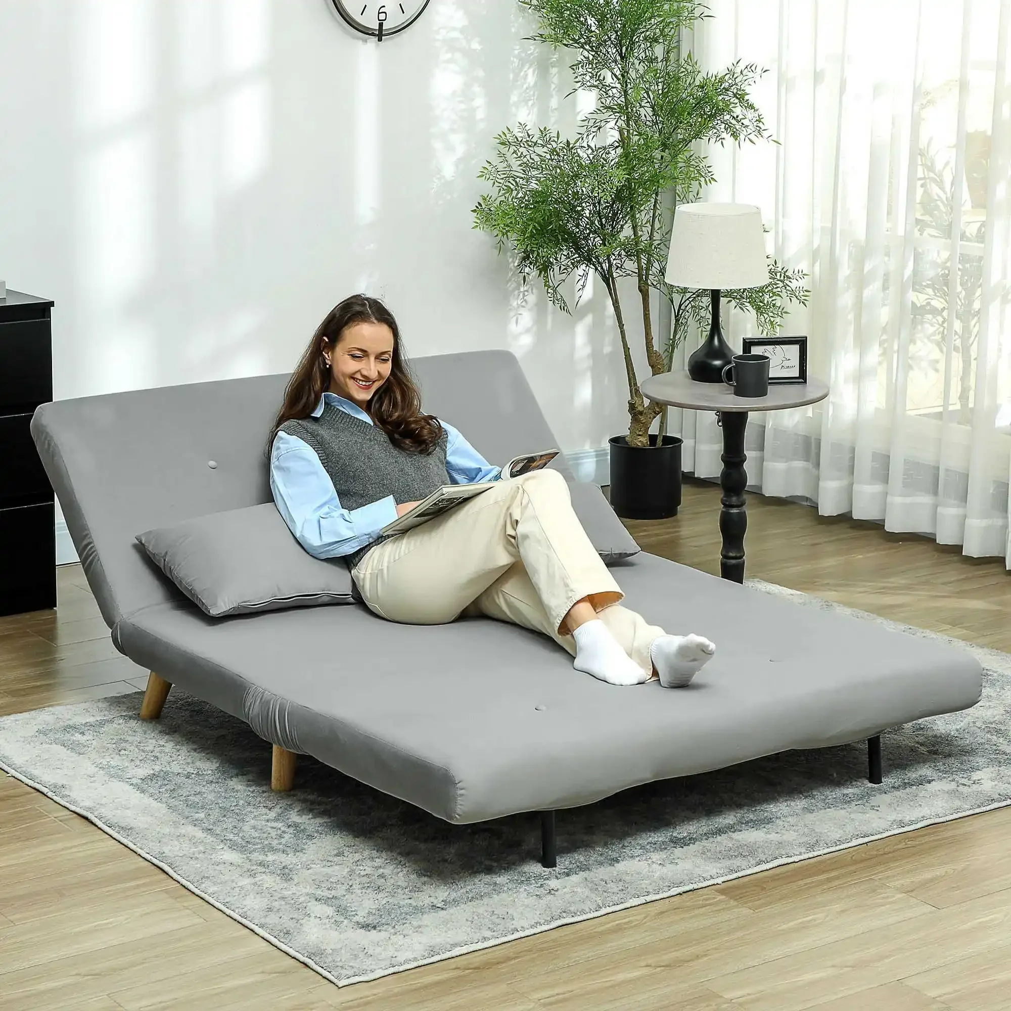 2-in-1-Schlafsofa, kann im Wohnzimmer platziert werden, im Freien, mit Kordelzug, klappbar, mit Armlehnen, grau