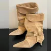 Liyke Mode Design Kette Metall Schnalle Mittlere Waden Stiefel Frau Vintage Spitz Seltsame Niedrigen Dünnen Ferse Herbst Winter Damen Schuh