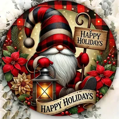 1pc Rustic Iron Gnome Christmas Wreath Sign - Flat Metal Plaque for Home Kitchen Garden, Multipurpose No-Electric Holiday Decor