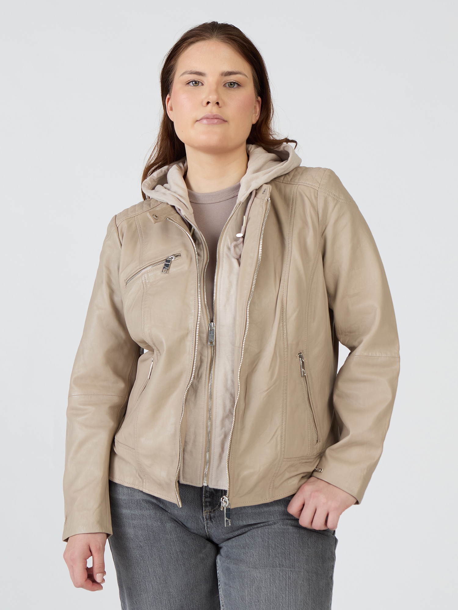 Lederjacke MAZE "42021318", Damen, Gr. 50, sand, Obermaterial: 100% Lammleder / Futter: 100% Baumwolle / Ärmelfutter: 100% Polyester / Kapuze: 55% Baumwolle; 45% Polyester, Jacken Image