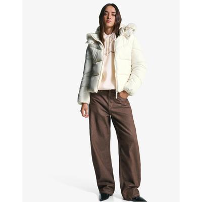 Bershka Water-Repellent Puffer Jacket With Faux Fur Hood Women Xl Sand
