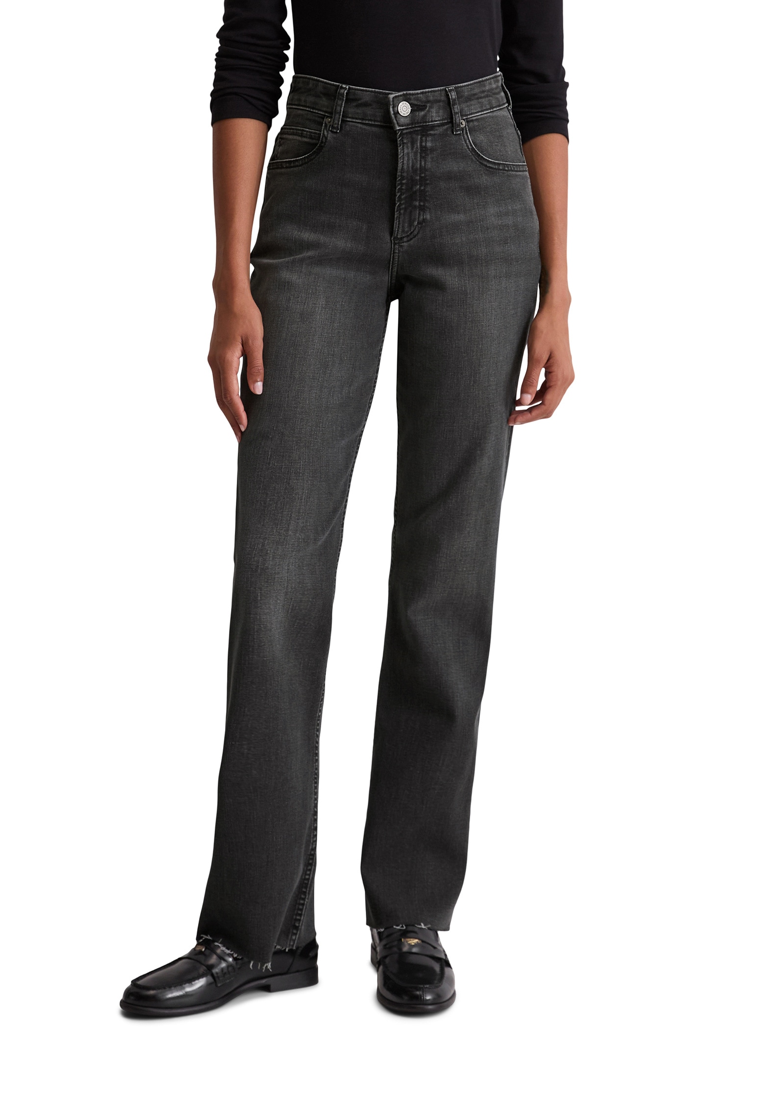 Schlagjeans MARC O'POLO "aus Organic-Cotton-Mix-Stretch", Damen, Gr. 31, Länge 30, grau (schwarz), Obermaterial: 86% Baumwolle, 12% Polyester, 2% Elasthan, unifarben, ausgestellt lang, Jeans