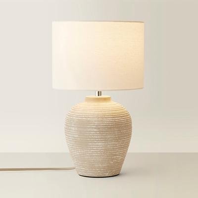 Small Stone Grey Ribbed Ceramic Table Lamp with Linen Shade