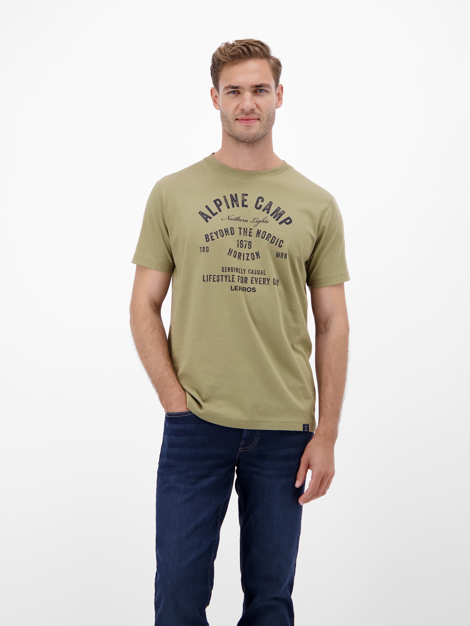 T-Shirt LERROS "LERROS Herren T-Shirt mit Outdoorprint", Herren, Gr. L, aloe grün, 100% Baumwolle, Rundhals, Shirts Image