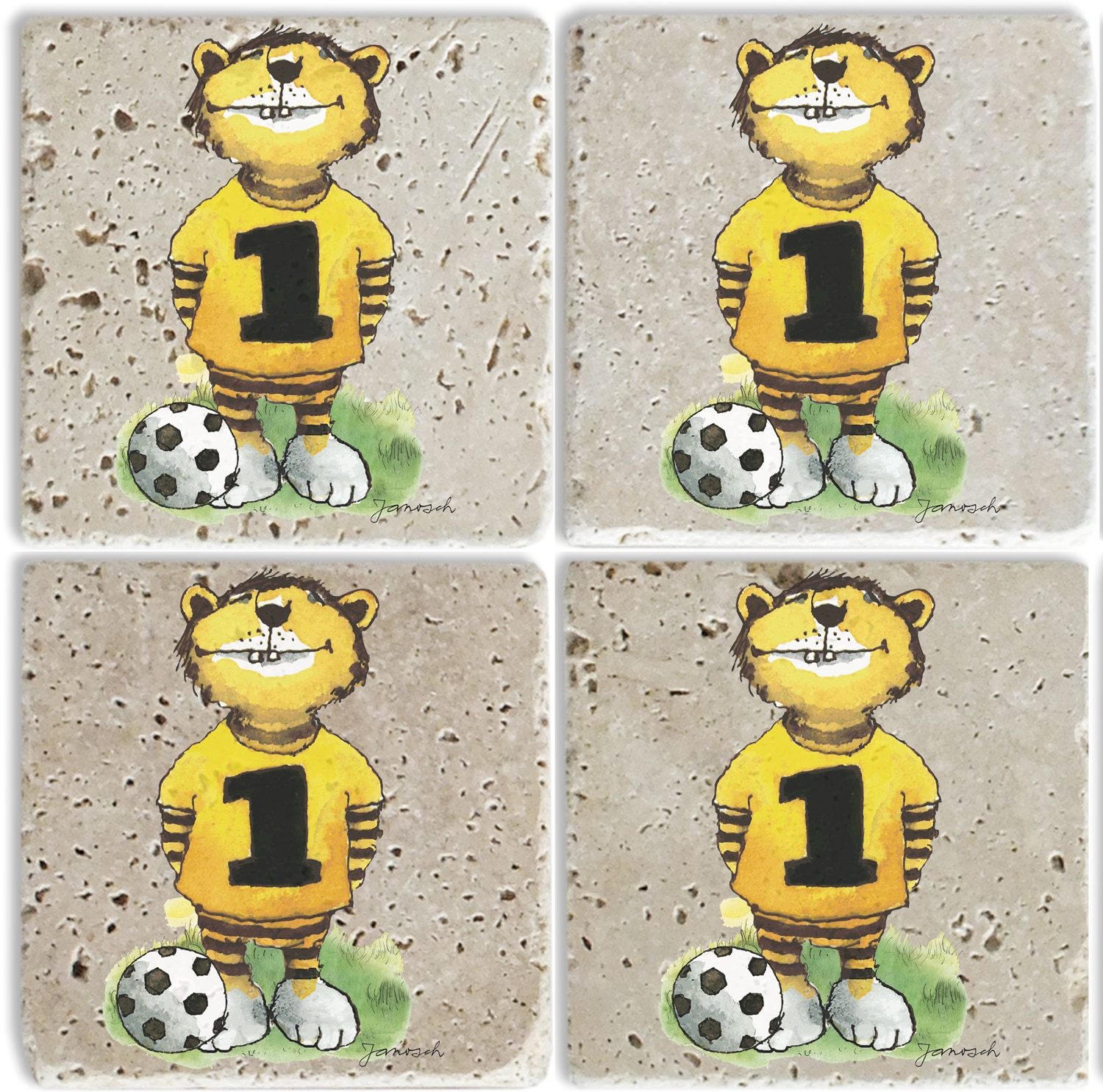 Getränkeuntersetzer LUCKYLINDE "Der Tiger mit Fußball", gelb, B:10cm H:10cm T:1cm, Naturstein, Untersetzer, Janosch Set Topfuntersetzer Naturstein Untersetzer 10x10x1cm