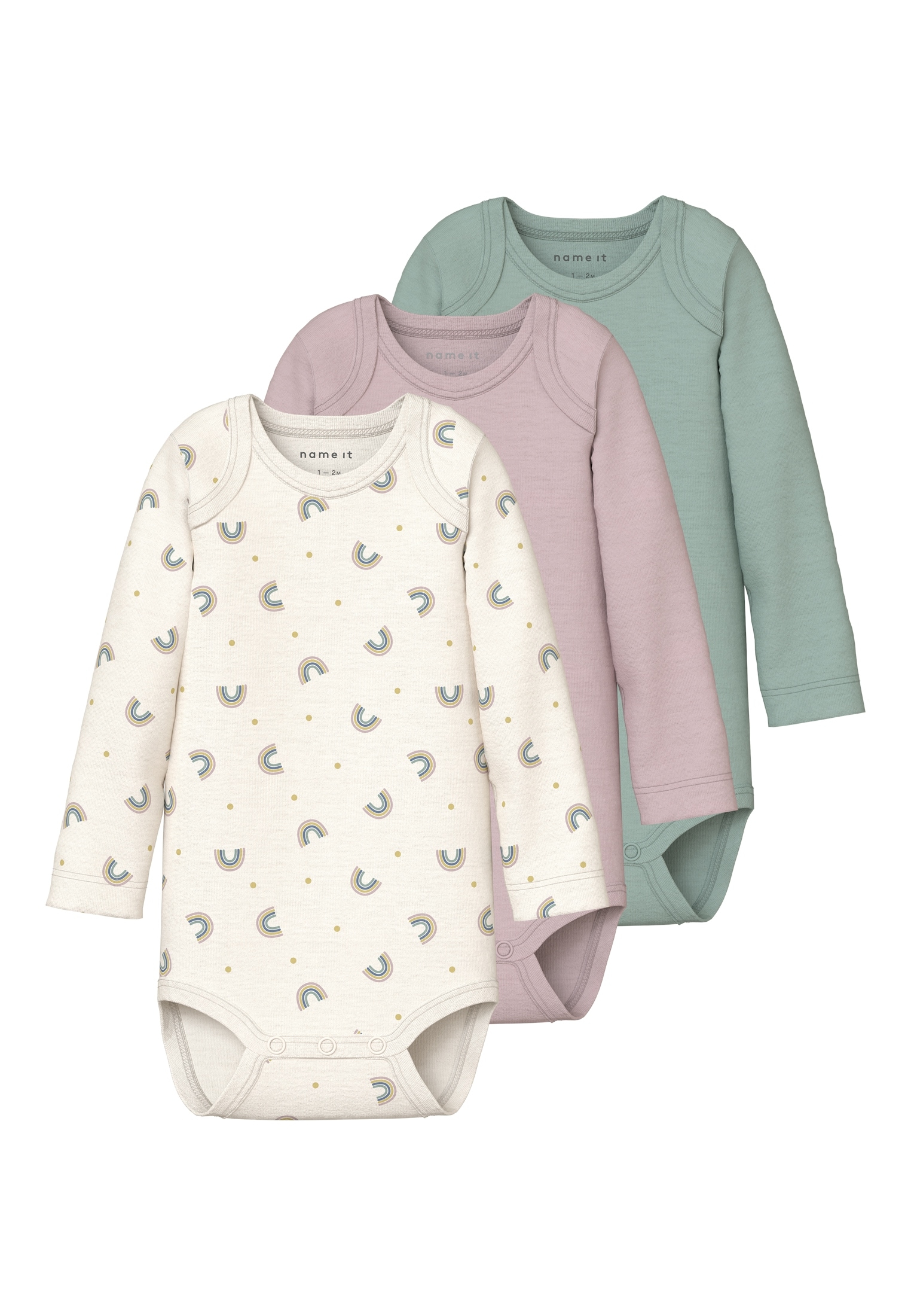 Body NAME IT "NBFBODY 3P LS JET RAINBOW NOOS", Baby, Gr. 74, N-Gr, lila (jet stream pack:w, burnished lila, jadeite), Sweatware, Obermaterial: 100% Baumwolle, bedruckt, regular fit, Rundhals, Bodys Image
