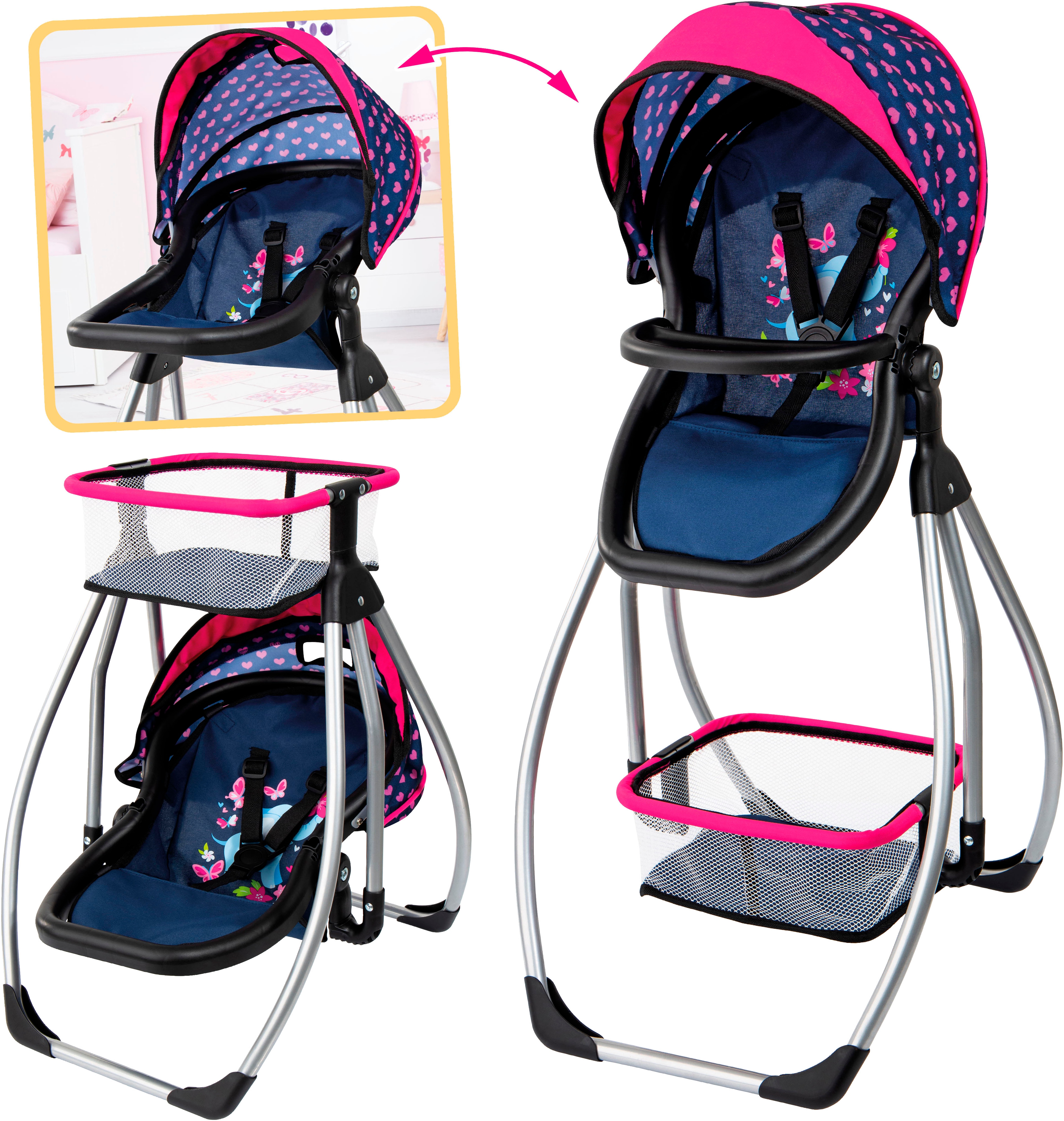 Puppenhochstuhl BAYER "Trio, Elefant", elefant blau, Puppenmöbel, JungenB:37,5cm H:77cm T:44cm, Kunststoff, Metall, Polyester, 3in1, B:37,5cm H:77cm T:44cm