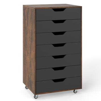 Costway 7-Drawer Chest Wooden Storage Dresser with Lockable Wheels-Rustic Brown