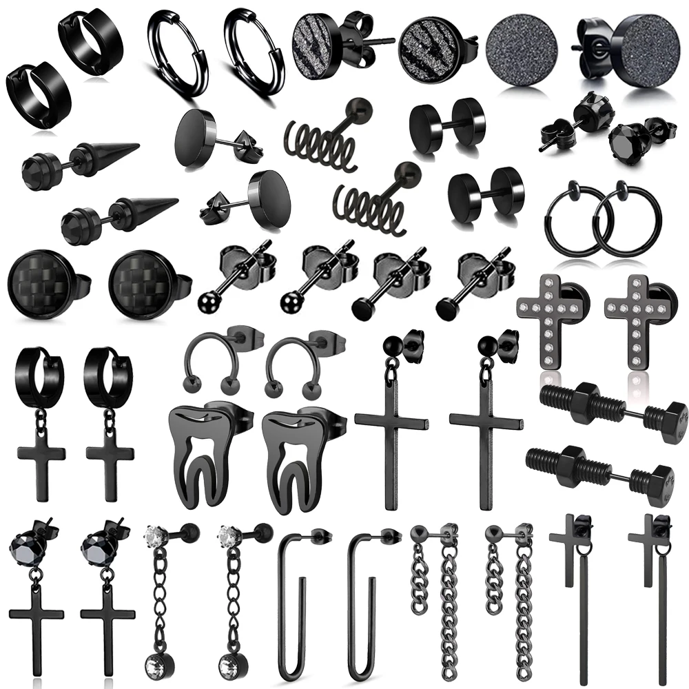 1Pair Earrings for Men Black Stud Earrings Mens Earrings Set Stainless Steel Stud Earrings Hoop CZ Earrings Piercing Jewelry