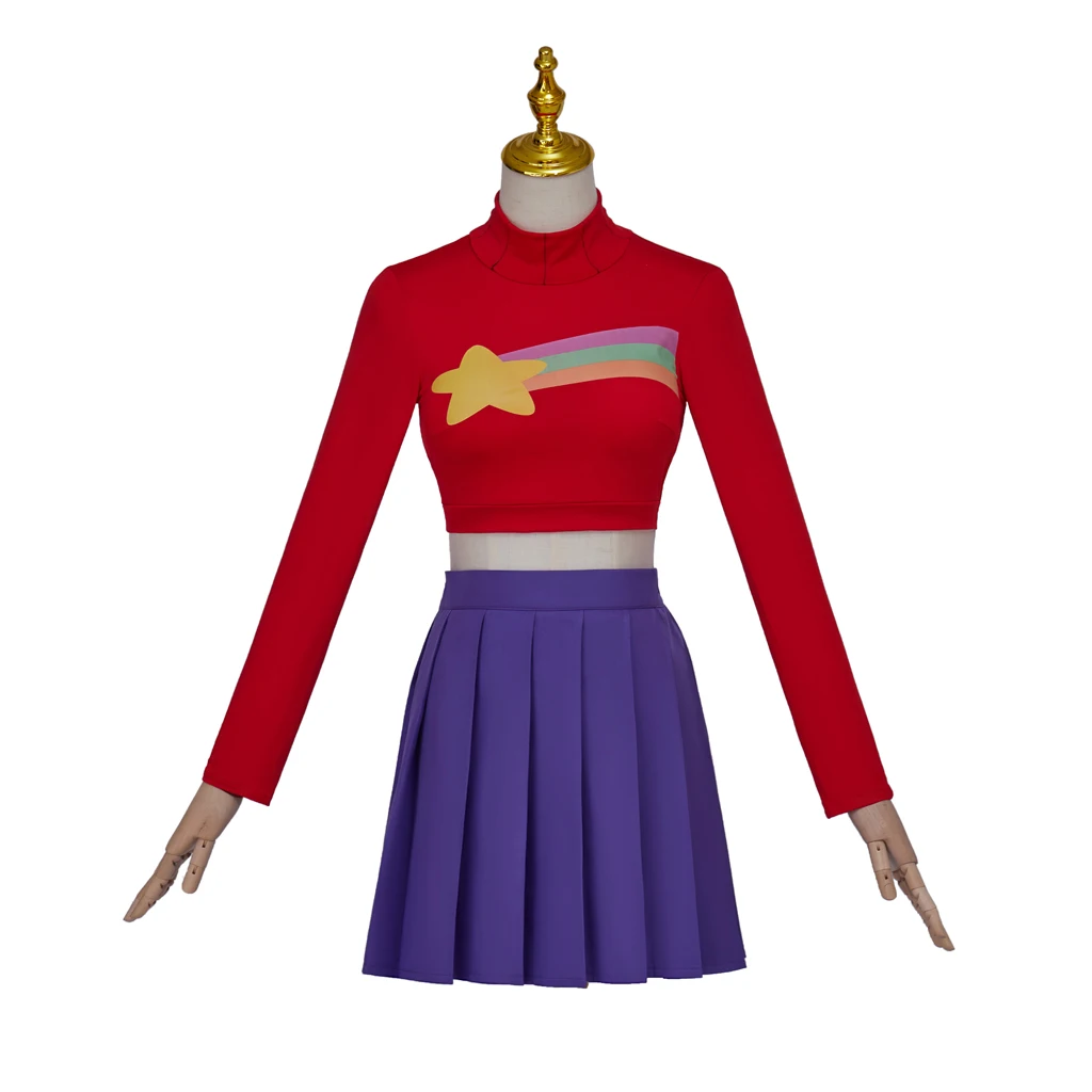 Mabel Pines Cosplay Kostüm Erwachsene Frauen Rot Regenbogen Stern Crop Top Mini Rock Full Set Halloween Party Outfits Kostüm Image