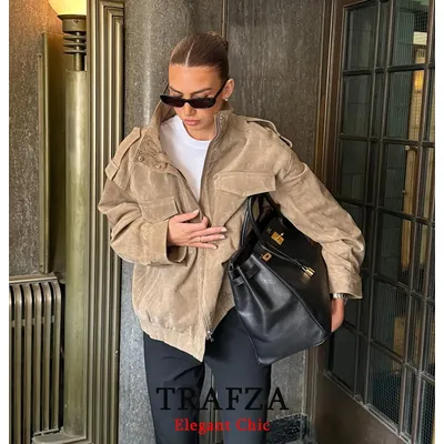 TRAFZA Women Casual Suede Jacket Standing Collar Pockets Loose Jacket Coat 2025 Fall Winter Fashion High Street Lady Jacket