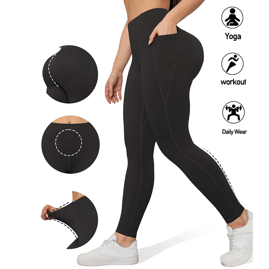 Nahtlose Damen-Leggings mit Taschen, einfarbig, hohe Taille, Po-Lifting-Strumpfhose, schlanke elastische Leggings, Sportbekleidung Image