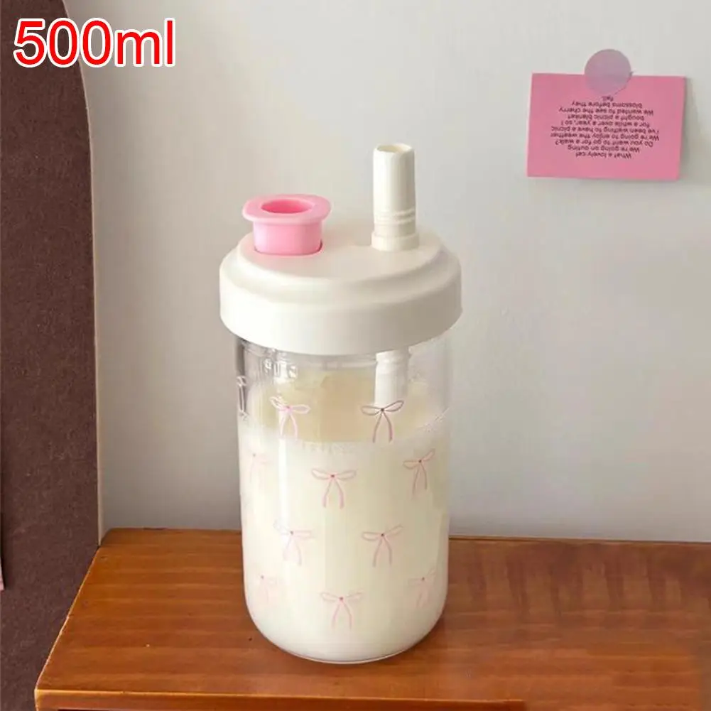 500/700 ml Nette Bogen Wasser Tasse Mit Stroh Kaffee Blase Milch Tee Kunststoff Tasse Große Kapazität Mädchen Wasser flasche Stroh Tasse Image