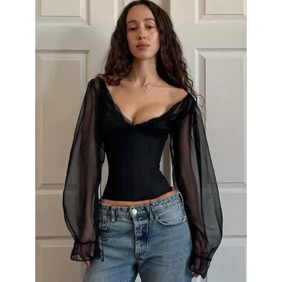 Oniflyme Puff Sleeve Chiffon T-shirt Women Sexy V Neck Long Sleeve Sheer Skinny Tee Tops Autumn Elegant Clothes Lady Crop Shirts