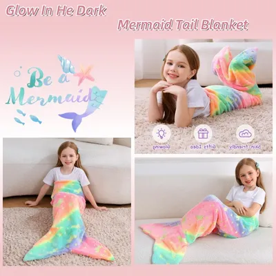 Kids Mermaid Tail Blanket Wearable Glow In The Dark Mermaid Tail And Mermaid Gifts for Girls Soft Flannel Fleece Toddler Blanket