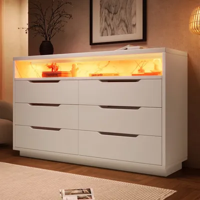 6 In 1 Storage Sideboard, With LED Lighting Drawers, Marble Grain, Modern Wardrobe For Living Room Bedroom, 120x40x85cm, White