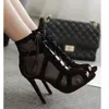 Damen neue schwarze Mesh Schuhe Cross Tie modische hohe Sandalen Frau schnüren offene Zehen sexy Pumps elegante lässige High Heels